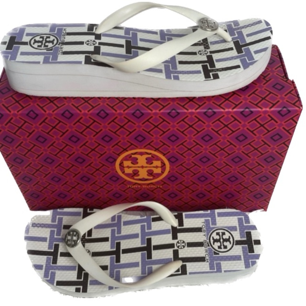 Tory Burch White Wedge Flip Flops Sz 10